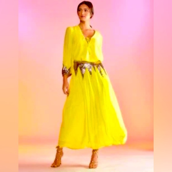 Yellow Cynthia Rowley Silk Peasant SKIRT ONLY w/ Copper Colored Sequins, NWT Sz0 - Picture 5 of 11